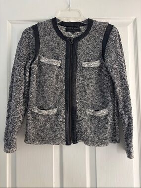 Rag & Bone Textured Tweed & Leather Black & White Zip Front Jacket Sz S